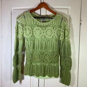 Uniform‎ John Paul Richard Green Crochet Lace Knit Long Sleeve Sweater Top Smal
